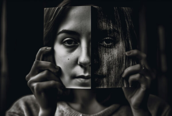 Zdjęcie kobiety, połowa twarzy wyraża normalny wyraz twarzy, a druga połowa jest zamazana na czarno