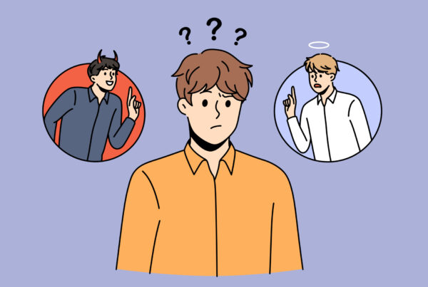 Mężczyzna między pokusą ze strony diabła, a samokontrolą sugerowaną przez anioła.