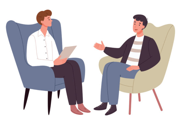 Pacjent opisuje problem, terapeuta poznawczo-behawioralny aktywnie słucha, żeby dobrać odpowiednie techniki do zgłaszanych objawów.