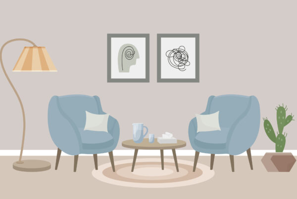 Gabinet psychologiczny, zawierający dwa fotele, dzbanek z wodą i chusteczki, a także plakaty przedstawiające zagadnienia psychologiczne.