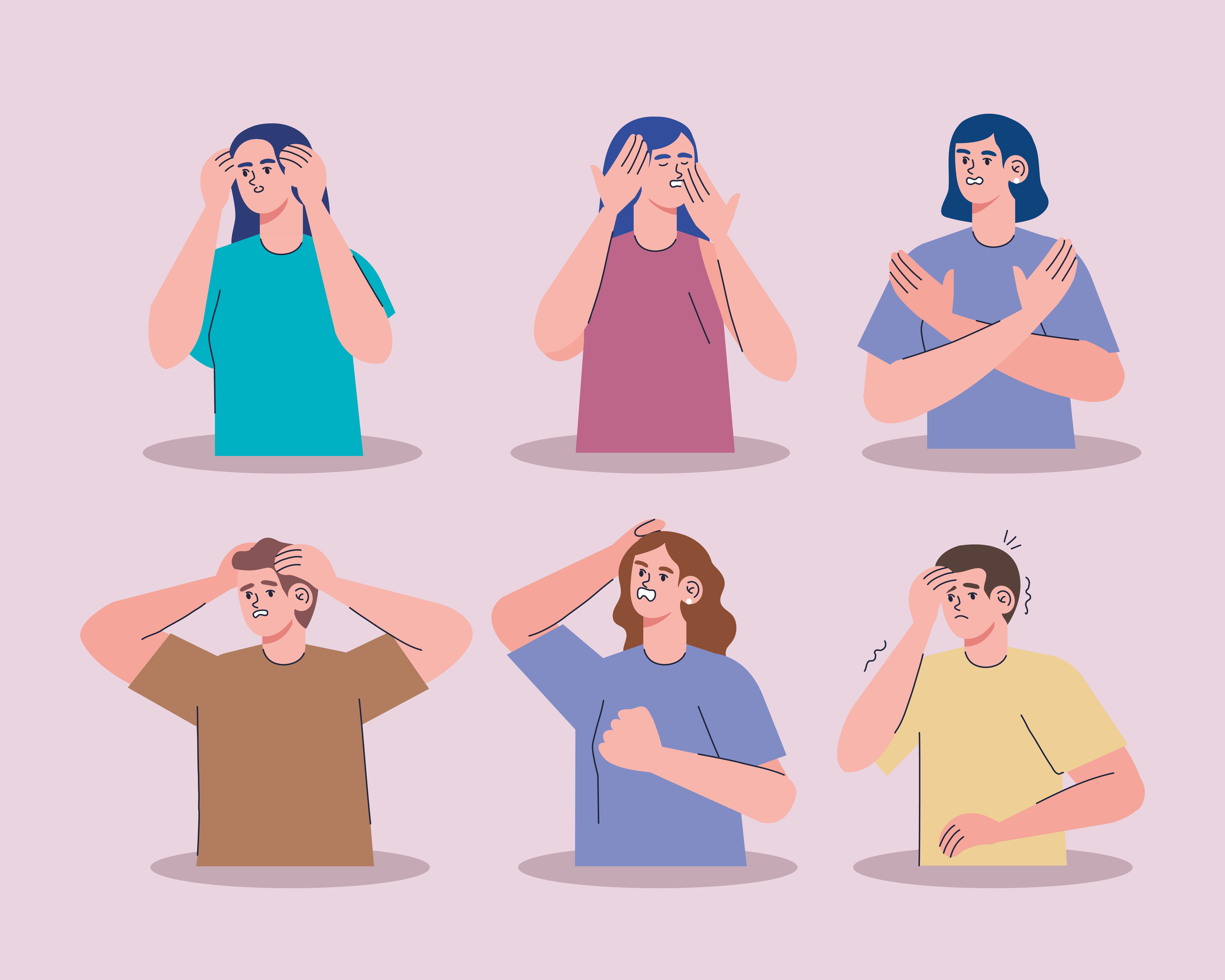 sześć postaci próbujących wyregulować swoje emocje