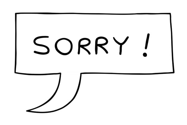 Dymek ze słowami "sorry", który wyraża nadmierne poczucie winy i potrzebę przepraszania.